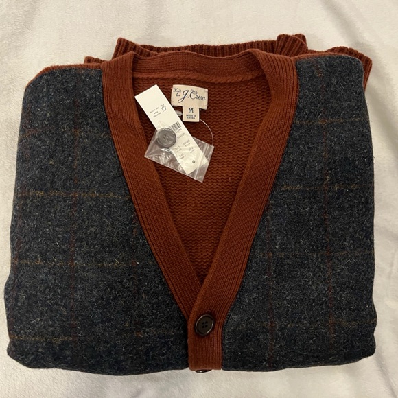 NWT J.Crew Wool V Neck Cardigan Sweater With Harris Tweed Deep Redwood M - Picture 8 of 11